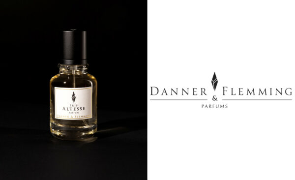Flacon du parfum Iris Altesse de Danner & Flemming Parfums avec logo de la marque