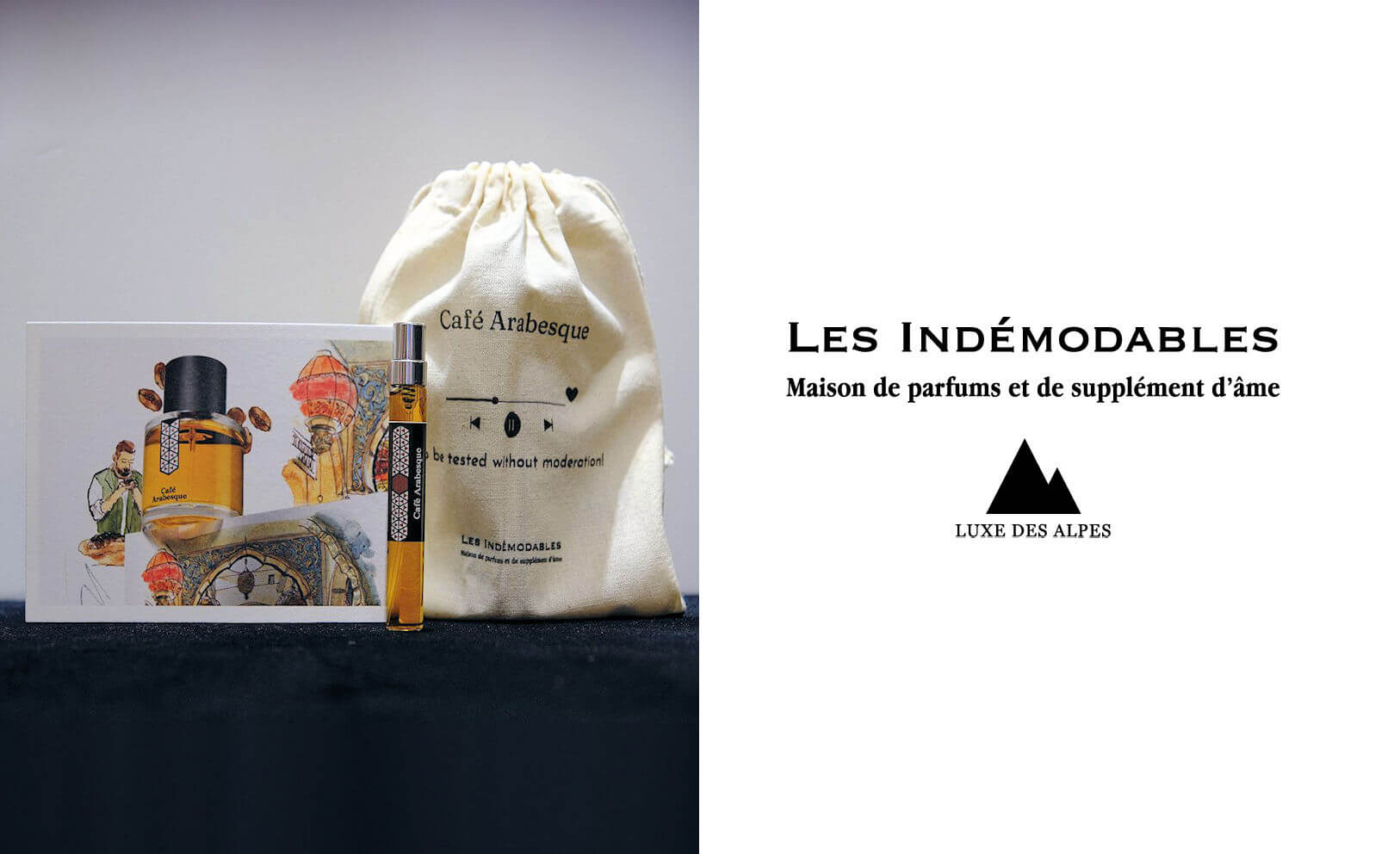 Front view of a 7ml sample of the Café Arabesque fragrance from the Les Indémodables brand